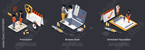 Scheduled Vaccination, Prescription, Booster Dose, Healthcare And Medicine. Drugs, Syringe and Needle. Male And Female Characters Came For Routine Vaccination. Isometric 3d Vector Illustrations Set