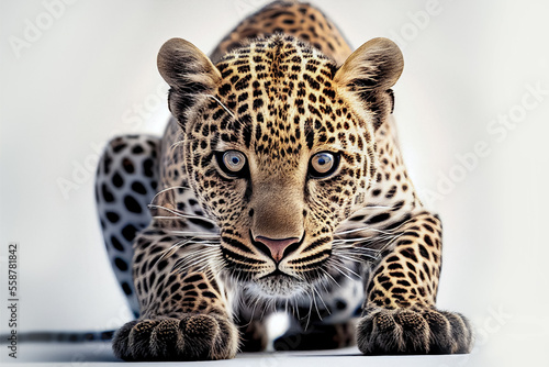 African Leopard crouched and stalking prey  ready to pounce  isolated on white background