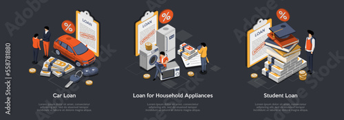 Car, Household Appliances And Student Loan Concept. Businessmen Shaking Hands. Customer Get Key From New Car From Dealership, Signs Approved Contract. Isometric 3D Cartoon Vector Illustrations Set