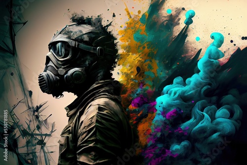 colourful graffiti spray paint artist man or woman with hoodie and paint explosion, generative ai