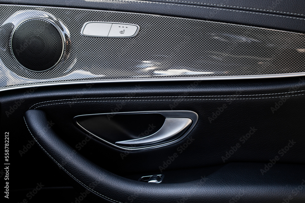 door from inside the car with leather trim, premium audio system and seat adjustment buttons
