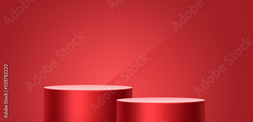 Wallpaper Mural Advertising round podium shape. Two empty cylinder columns jewelry advertising. Cosmetics red background. Premium product stand horizontal banner. Luxury perfume stage. Valentines day 3d platform Torontodigital.ca