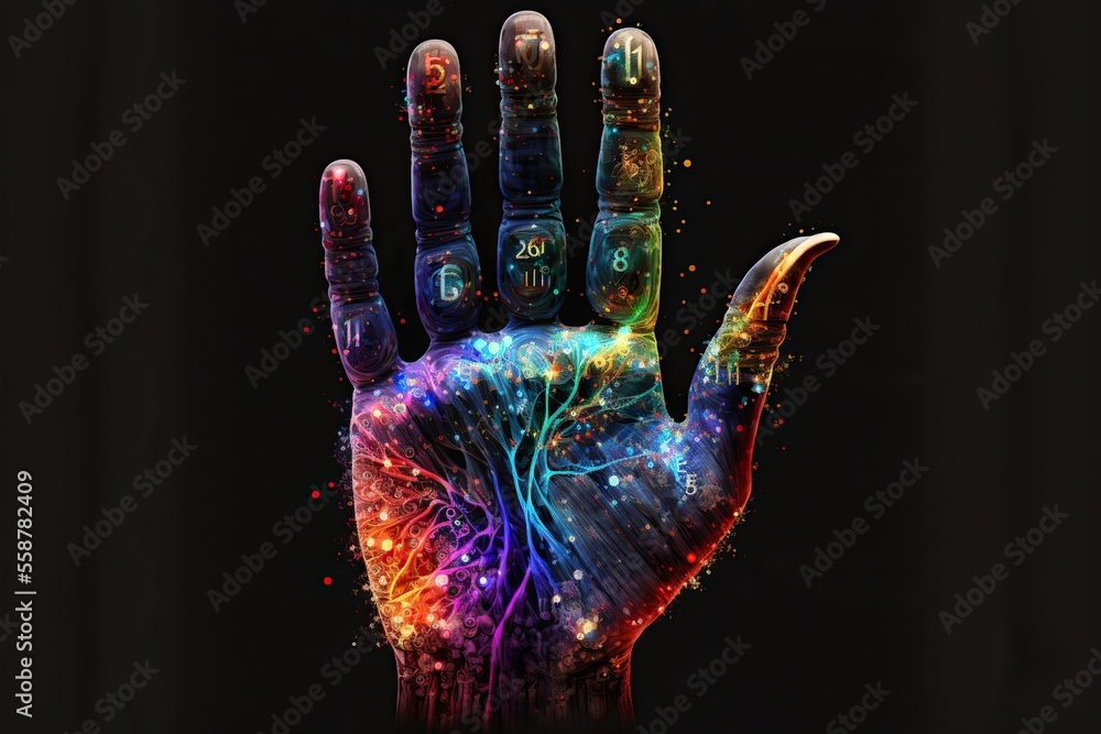 Hand made of colors and technology, concept of ai, machine learning, intellect in the machine, created with Generative AI technology Hand made of colors and technology, concept of ai, machine learning, intellect in the machine, created with Generative AI technology