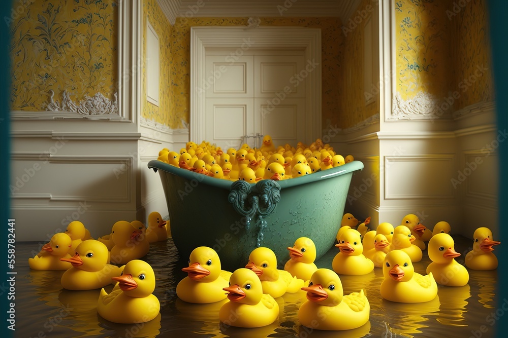 Bathroom full of yellow rubber ducks, plumbing problems, created with