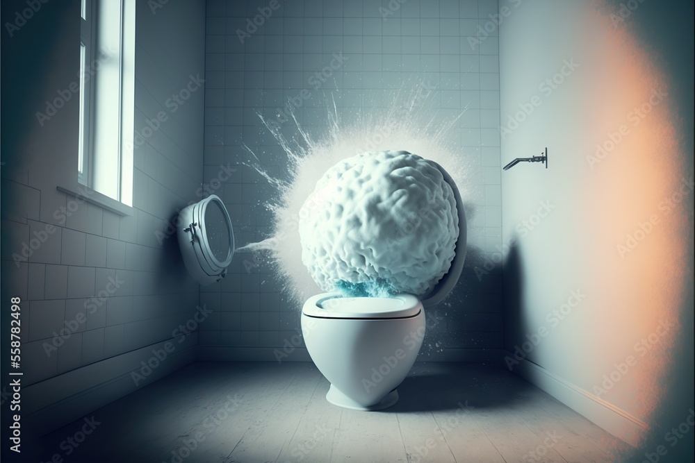 Blowing toilet bowl in bathroom, plumbing problems, created with