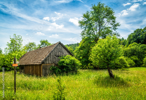 Stara drewniana chata na zielonej łące pod błękitnym niebem (Beskid Niski)