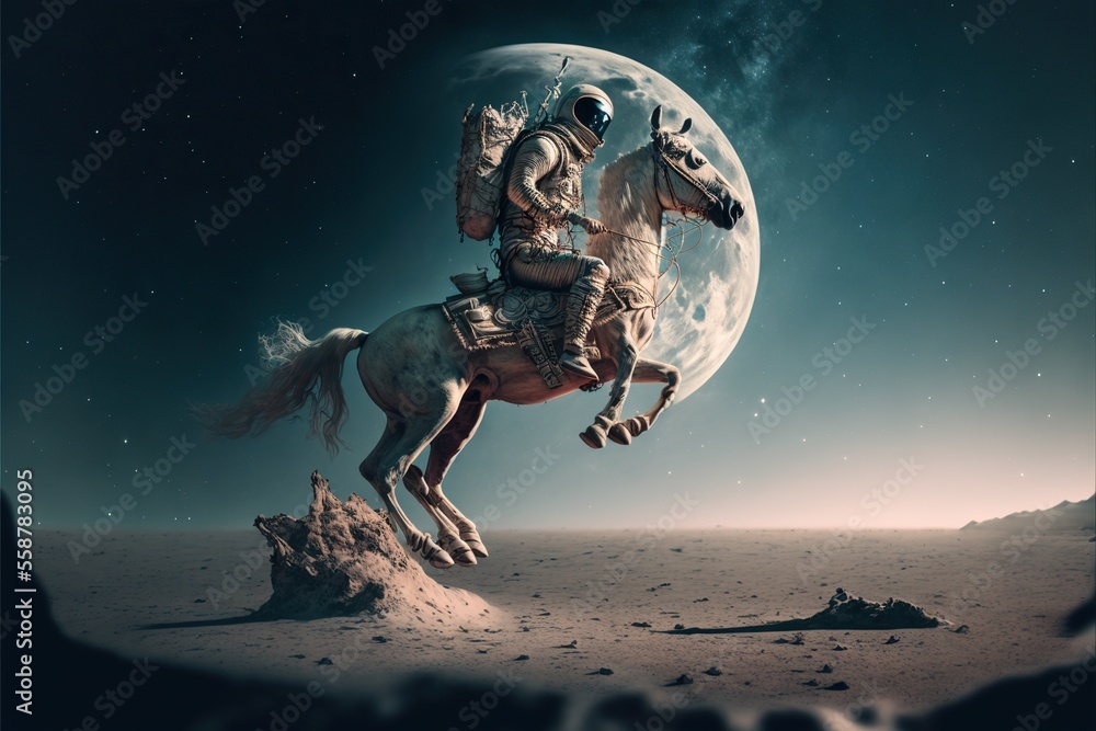 Obraz premium Astronaut on a horse jumps with moon on the background, created with Generative AI technology