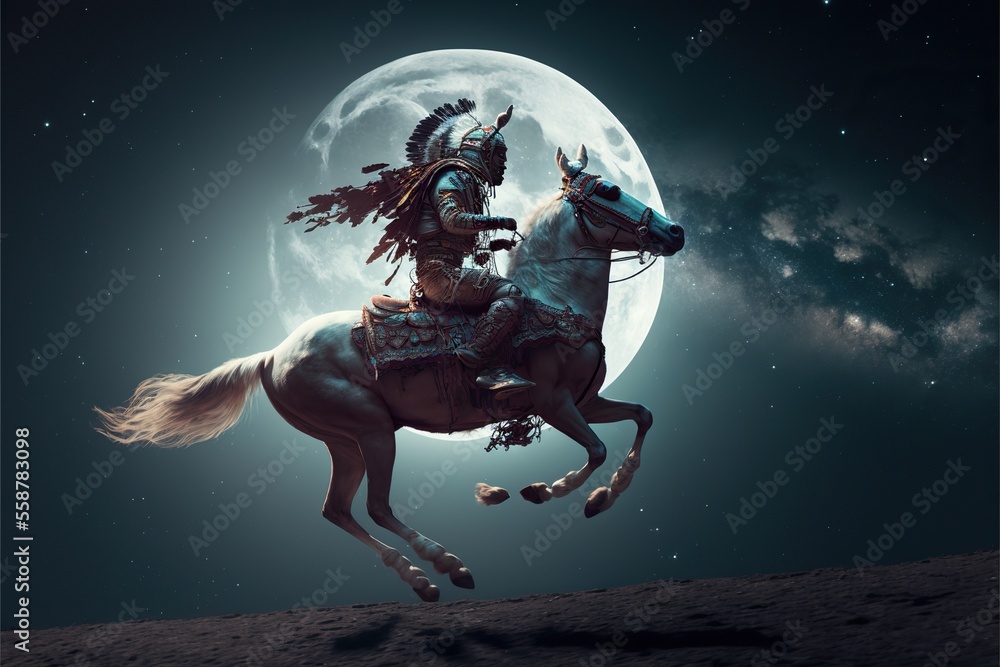 Fototapeta premium Astronaut on a horse jumps with moon on the background, created with Generative AI technology