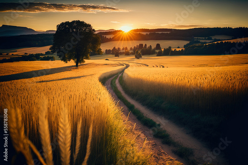 View of a valley during a gorgeous summer sunset in a wheaten sparkling field with golden wheat and sun rays, deep blue hazy sky, and road. Generative AI