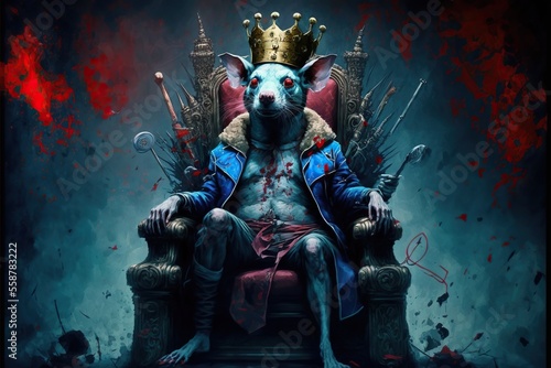 Autocratic politician rat on a throne with a crown on its head among a crowd, created with Generative AI technology