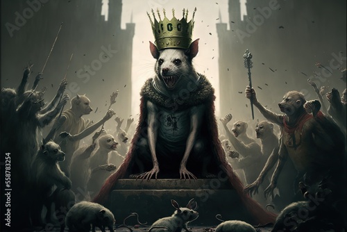 Autocratic politician rat on a throne with a crown on its head among a crowd, created with Generative AI technology