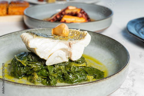Close-up grilled sea bass steak over spinach served with sauce on grey plate. High quality photo