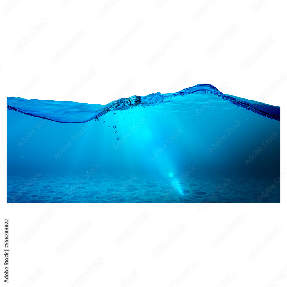 Wide water wave and underwater blue ocean on transparent background ...