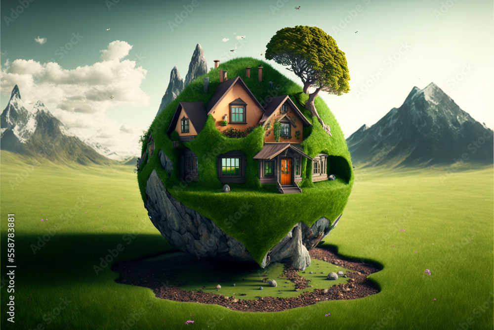3d luxury house on green land, 3d real estate house AI generated art work,  - obrazy, fototapety, plakaty 