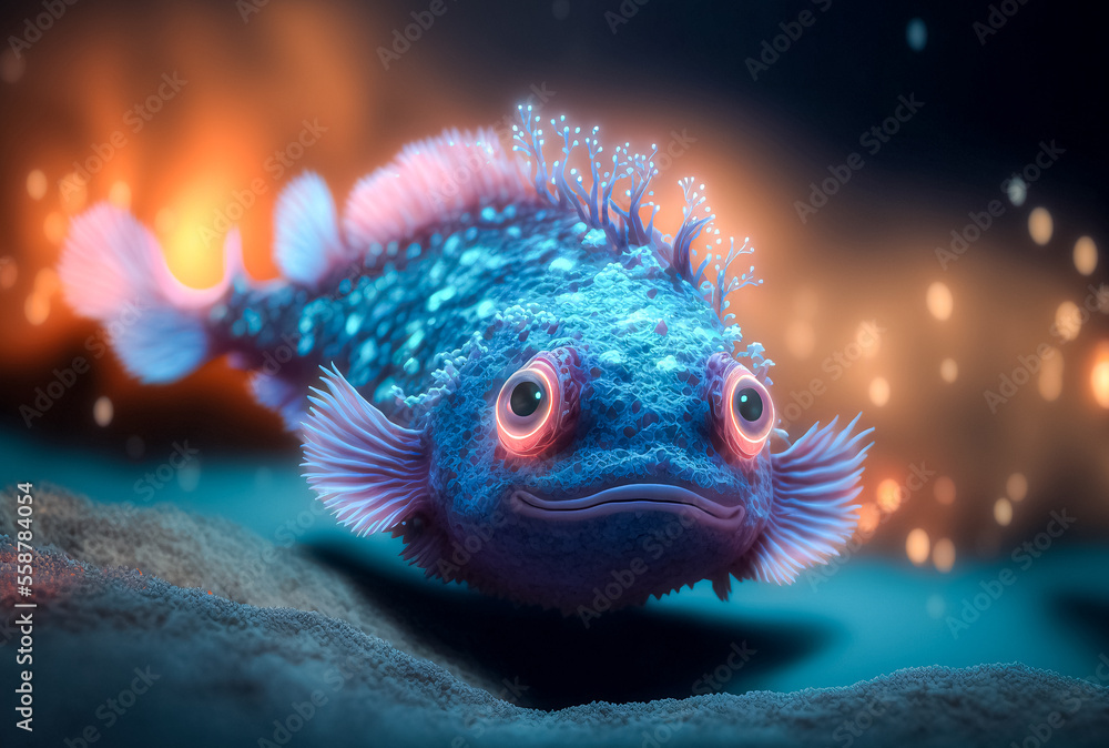 Obraz premium Realistic 3d render of a cute and beautiful bioluminescent deep sea fish. Made with Generative AI Technology