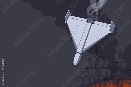 A combat kamikaze drone of the Russian army is attacking power plants in Ukraine. Vector illustration. Russian UAV geranium 2. There is no light in the cities. War in Ukraine. Electricity crisis.