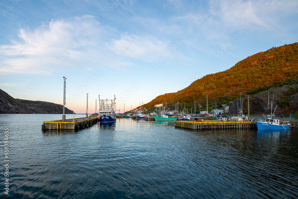 St. John's, Newfoundland, Canada - January 2023: Multiple blue and green colored crab, cod, and shrimp fishing boats tied up at the wharf in St. John's Harbour. The sunsets in the background.