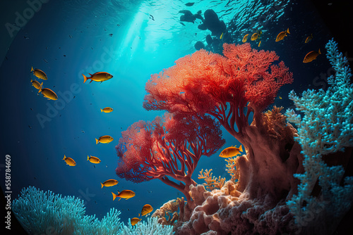 Incredible red sea underwater landscape with stunning corals in a blue abyss as a backdrop. Generative AI