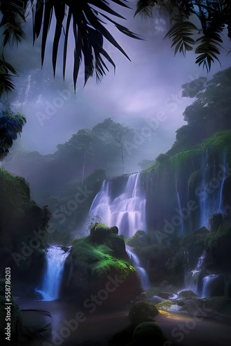 Waterfalls in jungle. An original, high quality, big size digital graphical work, mixed media. Based on AI generated image.