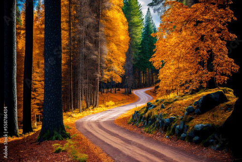 Stunning view of a road in a forest with many vibrant autumnal trees. Generative AI
