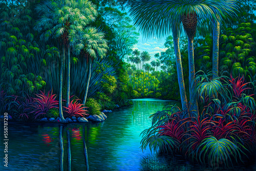 Florida wetlands  painting. Generative AI