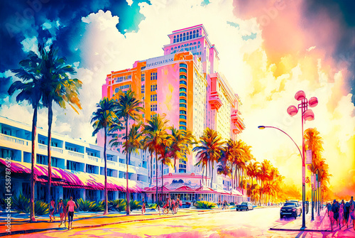 Miami, Florida, watercolor painting. Generative AI © Sunshower Shots
