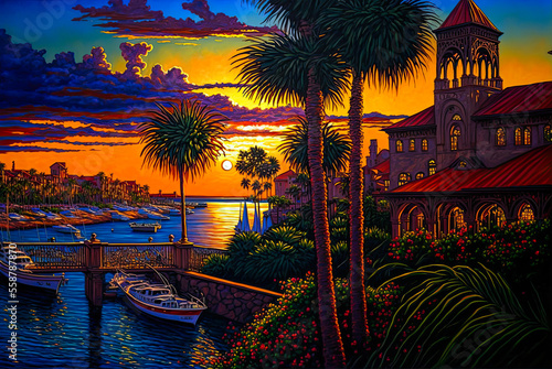 St. Augustine, Florida, sunset, painting. Generative AI