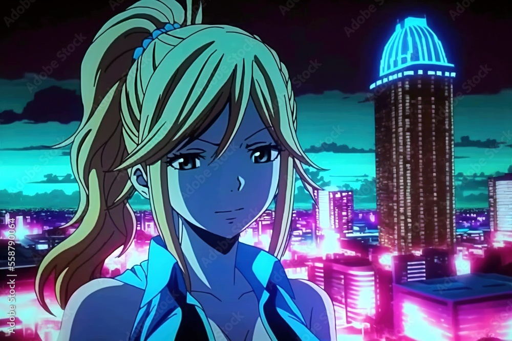 An anime style girl and a bright neon light skyline of a futuristic city at night in the background, generative ai An anime style girl and a bright neon light skyline of a futuristic city at night in the background, generative ai