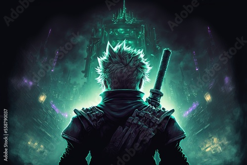 An anime warrior standing in front of a greenish evil fantasy factory, dark scene, generative ai