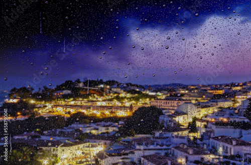 Raindrops on window glass. Selective focus, 3D illustration