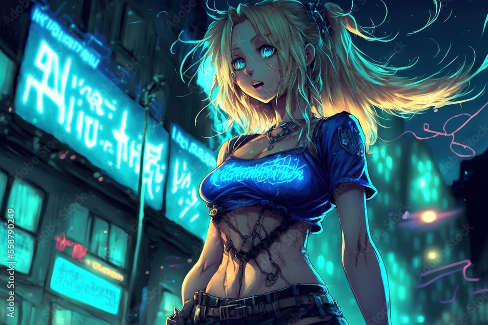 anime girl in cyberpunk city Stock Illustration