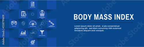 BMI or Body Mass Index Icons with Web Header Banner- scale, indicator, and calculator