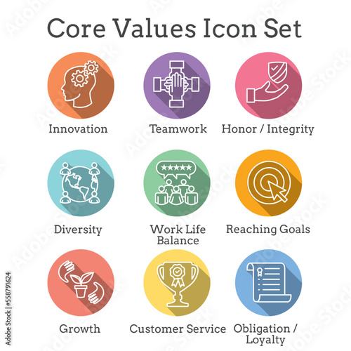 Core Values icon set with teamwork, work life balance with diversity
