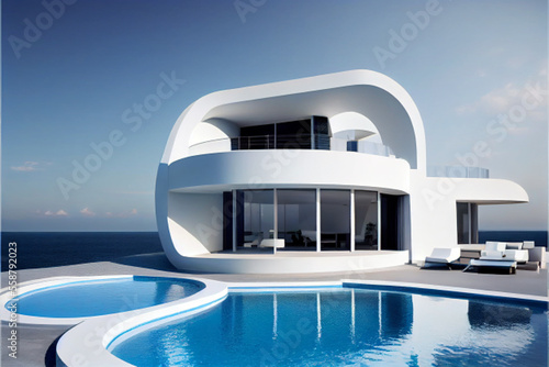 Luxury residential minimalist villa. Beautiful architecture with rounded swimming pool and sea view. Generative AI illustration