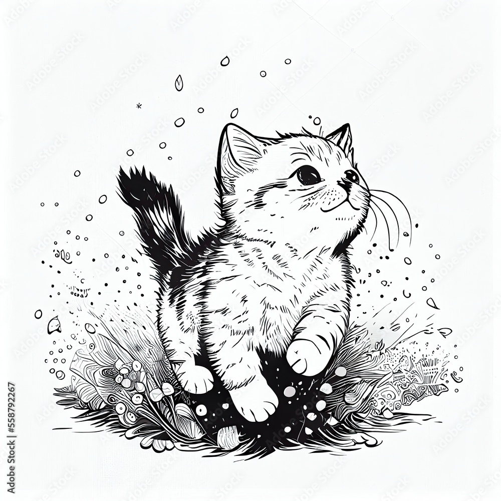 Outline illustration of cat for coloring book page. Spring background