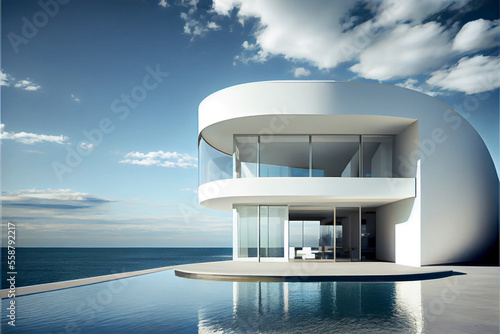 Modern and luxury residential minimalist villa. Beautiful architecture with rounded swimming pool and sea view. Generative AI illustration © ardanz