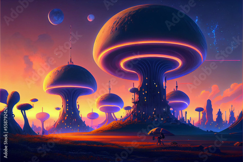 Magical fantasy mushroom on a strange planet. Generative AI illustration