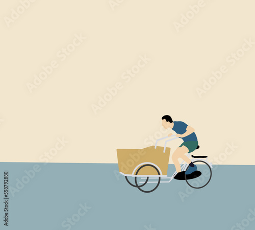 Man riding cargo bike delivery package through the city, Bicycle delivery man carrying package. Ecological city transport.