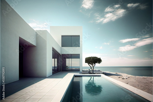 Beautiful residential villa. Beautiful architecture with swimming pool, a tree and sea view. Generative AI illustration © ardanz