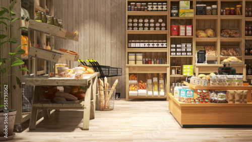 Fotografía Blurred organic, eco-friendly vegan grocery, bakery store with wooden wall, parq