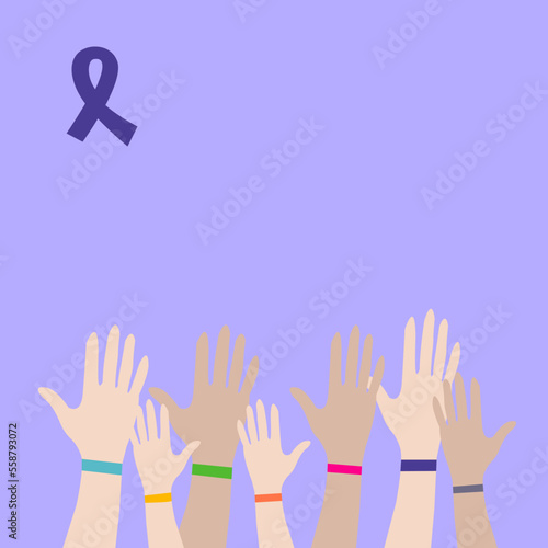 Vector illustration hands raised with colorful ribbons for world cancer day, on a purple background