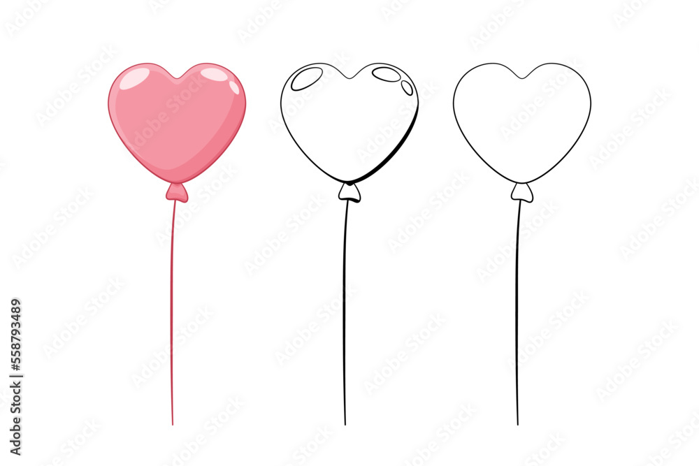 Balon w kształcie serca, wypełniony helem w trzech różnych wersjach. Różowy balon, w stylu komiksowym oraz obrys.