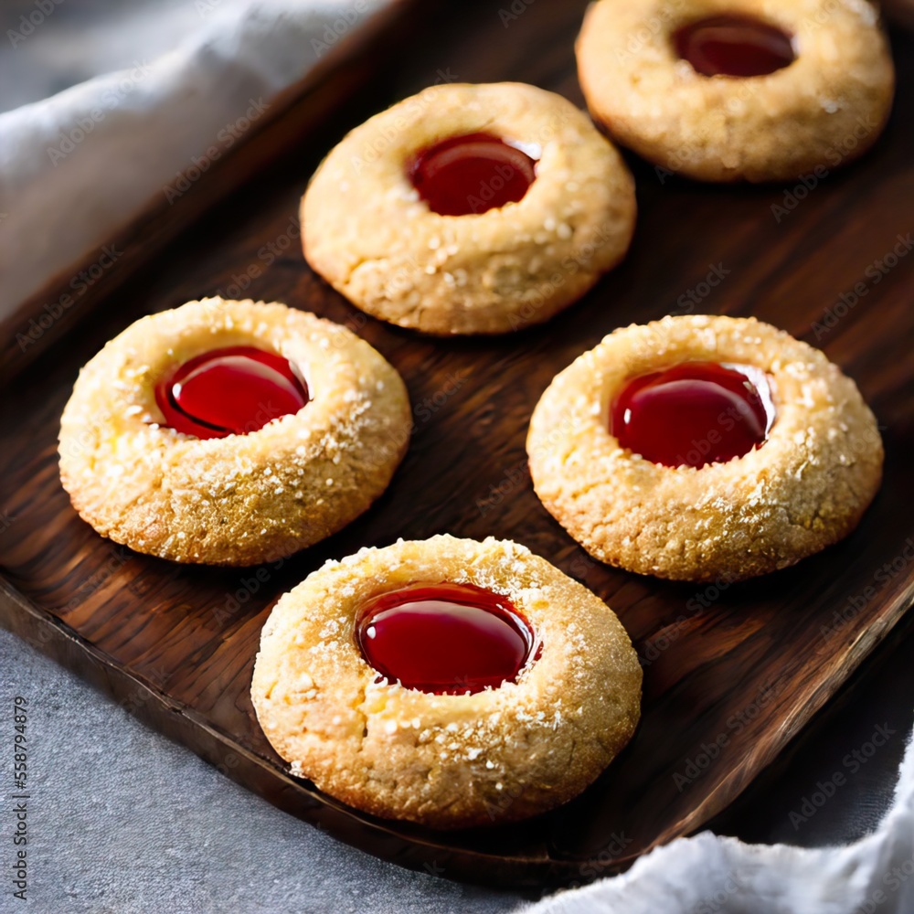 thumbprint cookies on a wood tray