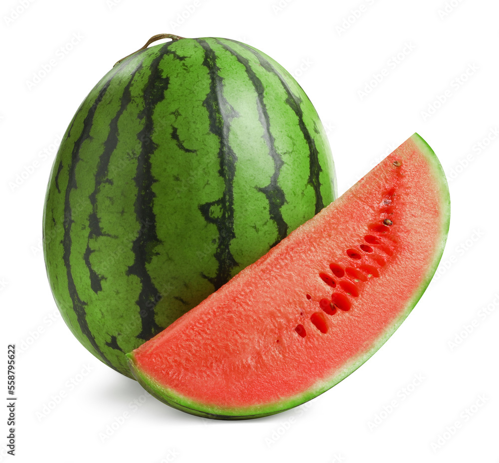 Tasty whole and cut watermelon on white background