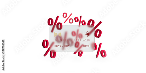 Credit card earning percentage points. Blank plastic cash 3D render illustration. Front view mockup template design on white background, copy space. Mobile wallet with contactless symbol.Clipping Path