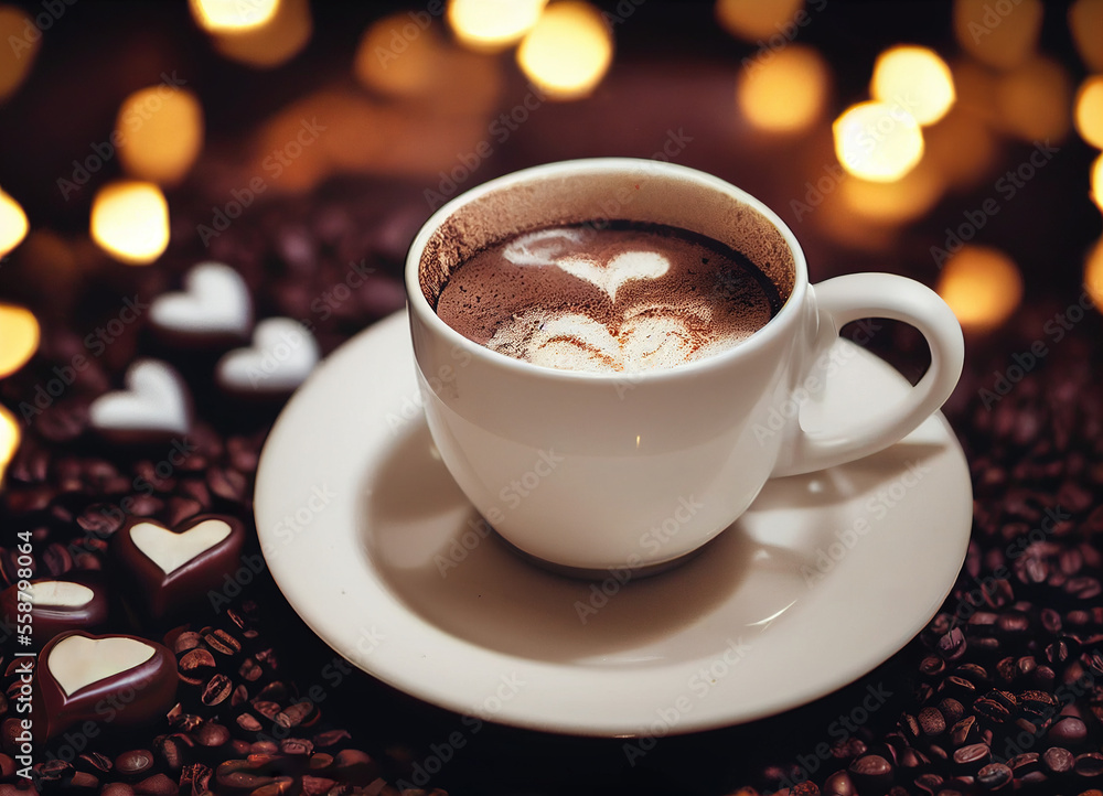 Side view of a cup of coffee with heart-shaped latte, surrounded by chocolates. Valentine's day illustration. Generative AI. Side view of a cup of coffee with heart-shaped latte, surrounded by chocolates. Valentine's day illustration. Generative AI.