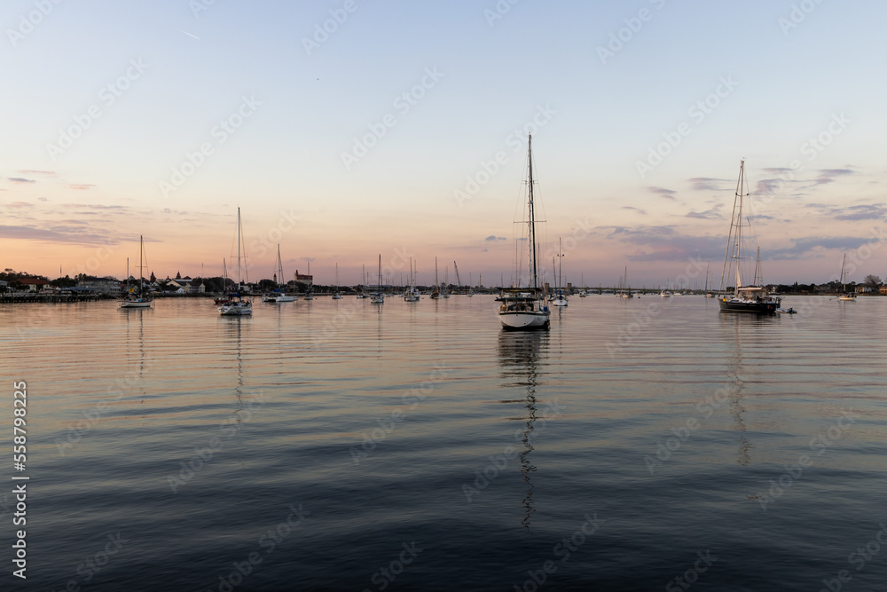 A view of boats anchored in St. Augustine, Florida. 