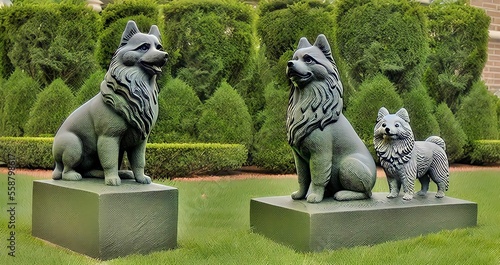 dogs statue in green garden, Generative AI