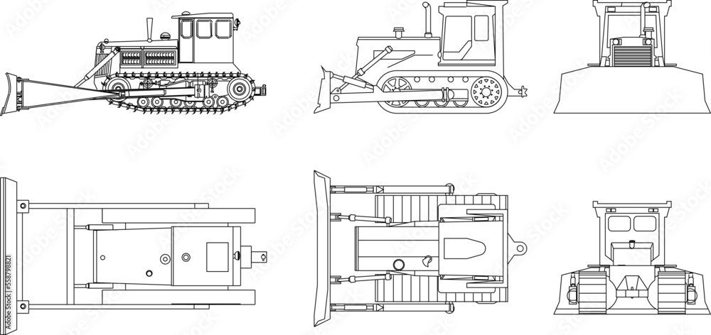 sketch vector illustration of russian crawler tractors and bulldozers