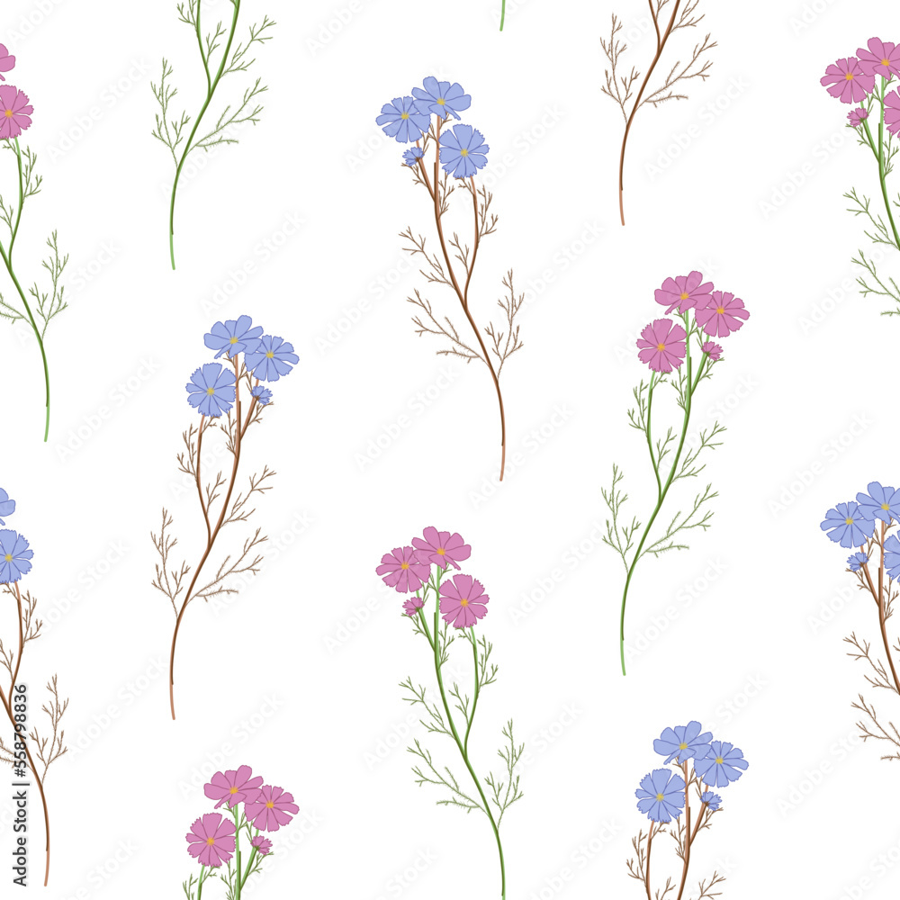 Floral chamomile blossom seamless pattern. Field daisy vector texture. Blooming botanical motifs scattered random. Ditsy print. Hand drawn artistic different wild meadow flowers on white background